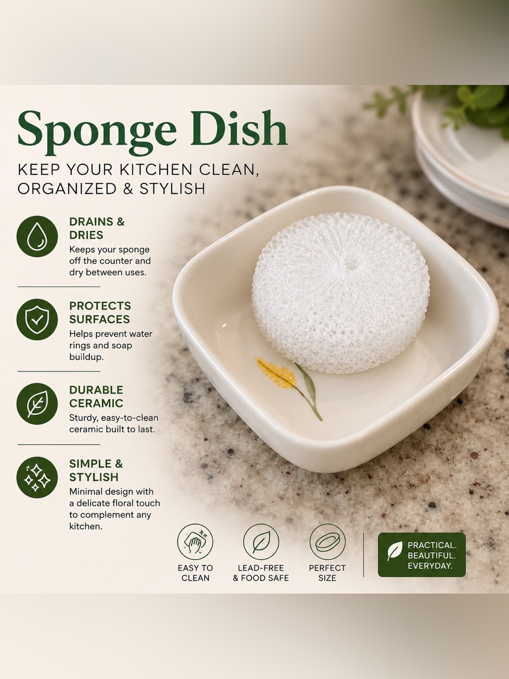 Ceramic Sponge Dish with sponge - Cream Floral